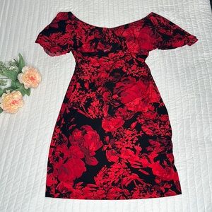 Connected Apparel sz 6 Dress Red Black Off Shoulder Stretchy Women’s Midi